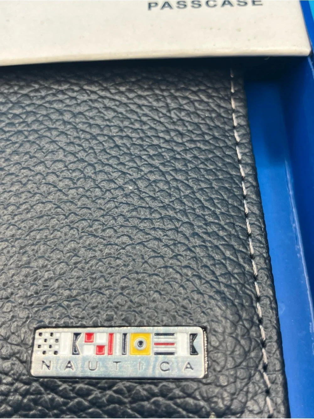 Nautica Black Pebbled Leather Passcase Wallet with Logo Plaque